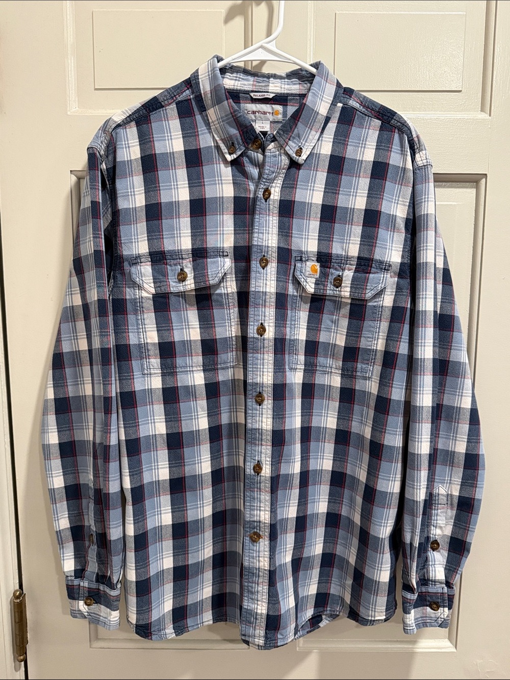 Carhartt Relaxed Fit Navy/Red/White Plaid Button-Down Shirt Size Large